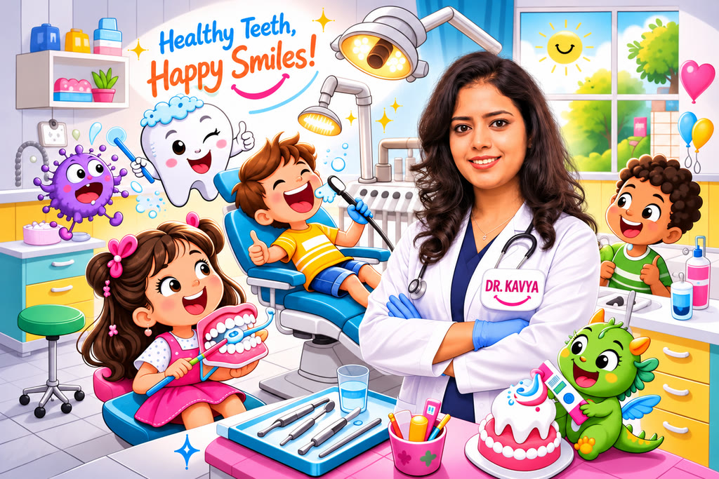 Dr. Kavya with child-friendly dental illustrations
